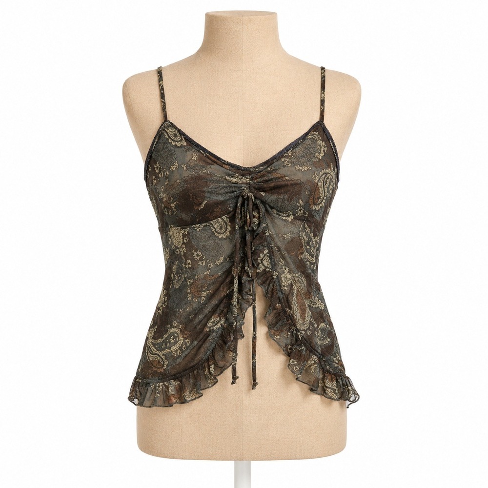 Y2K Paisley Sheer Mesh Babydoll Top Size L Whimsigoth Fairy Grunge Lettuce Hem